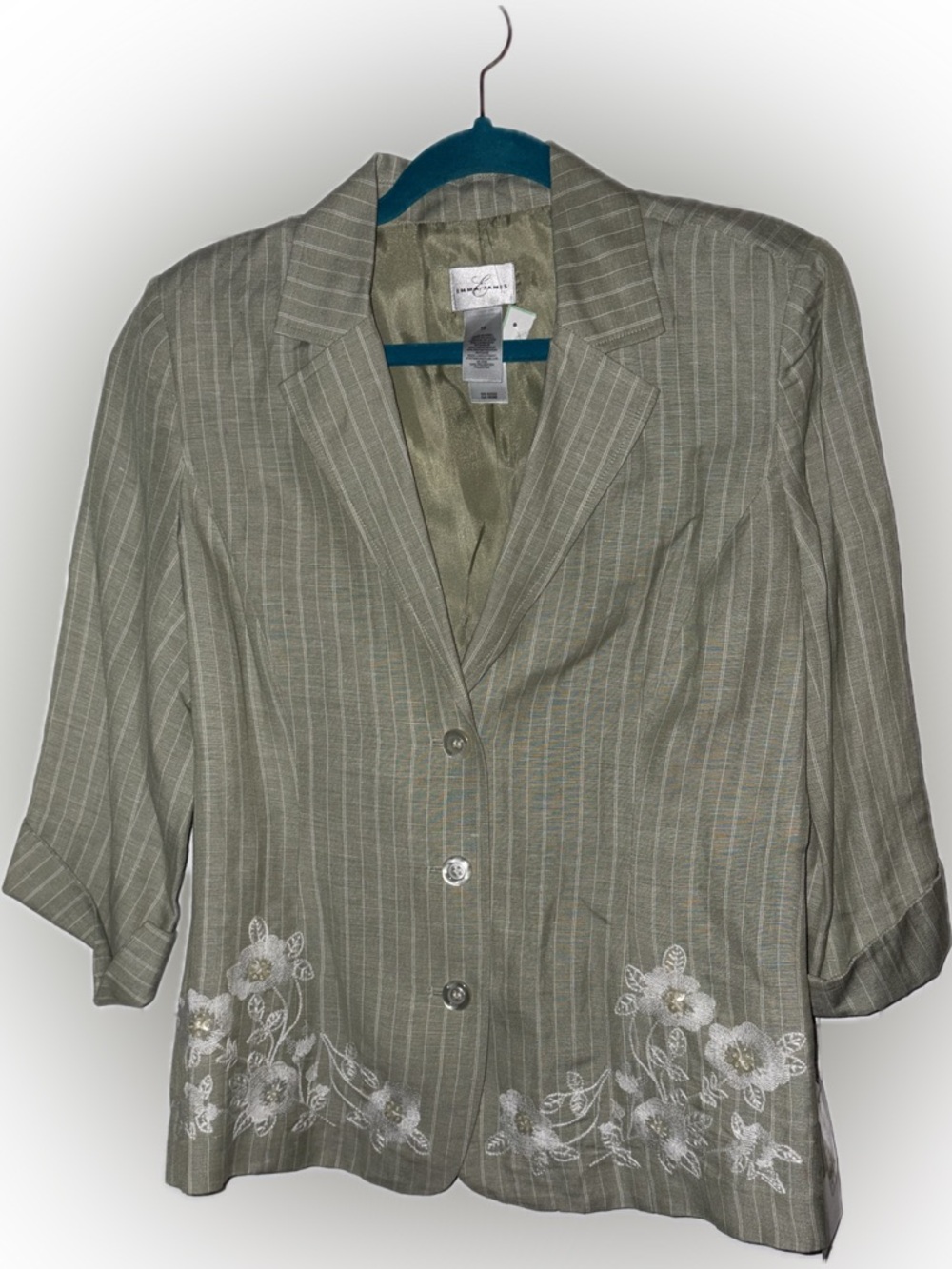 Emma James Green Pinstripe Floral Blazer Jacket Size 10 Notch Lapel Linen Rayon